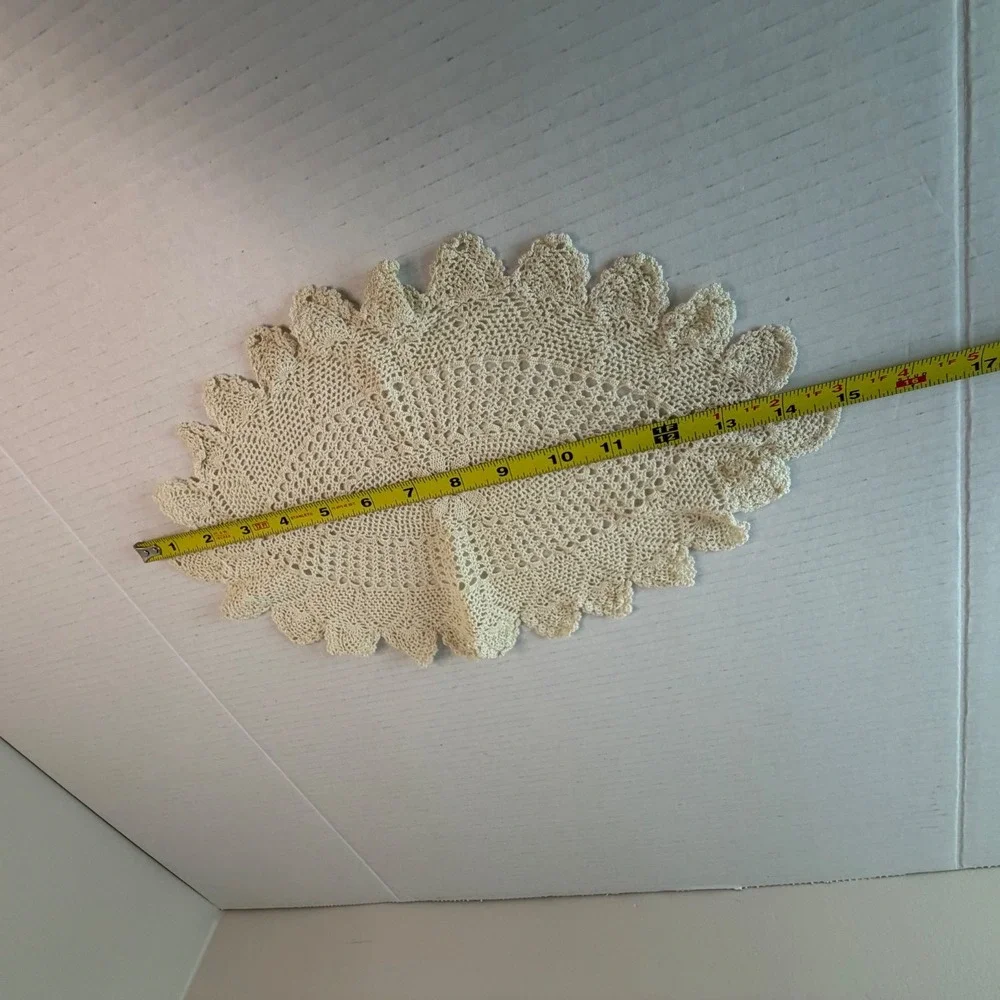 Vintage Beige Crochet Doilie Oval Victorian Lace Floral Cottagecore Centerpiece
